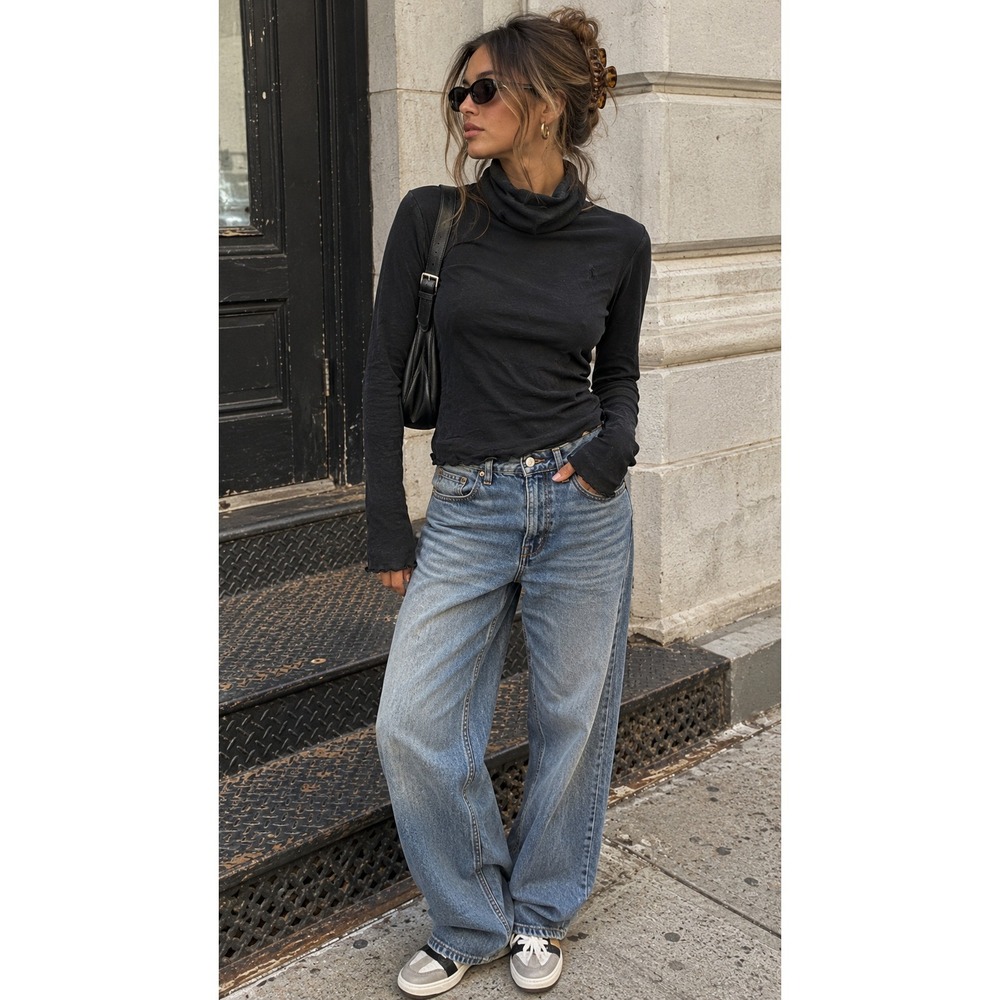 Vintage Ralph Lauren Sport Black Cotton Lyocell Turtleneck Top Long Sleeve-